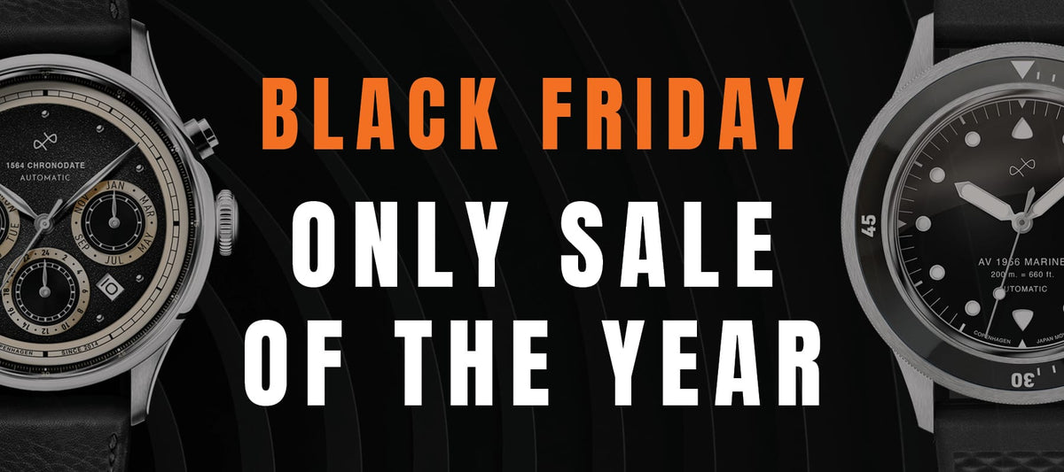 Black Friday bold typography with vintage-inspired luxury watches by AV86 featuring chronograph and diver styles