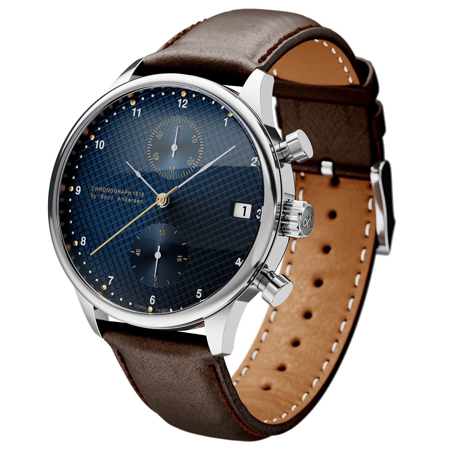 1815 Chronograph by AV86 with vintage-inspired dial, sapphire crystal, chronograph function, and brown leather strap