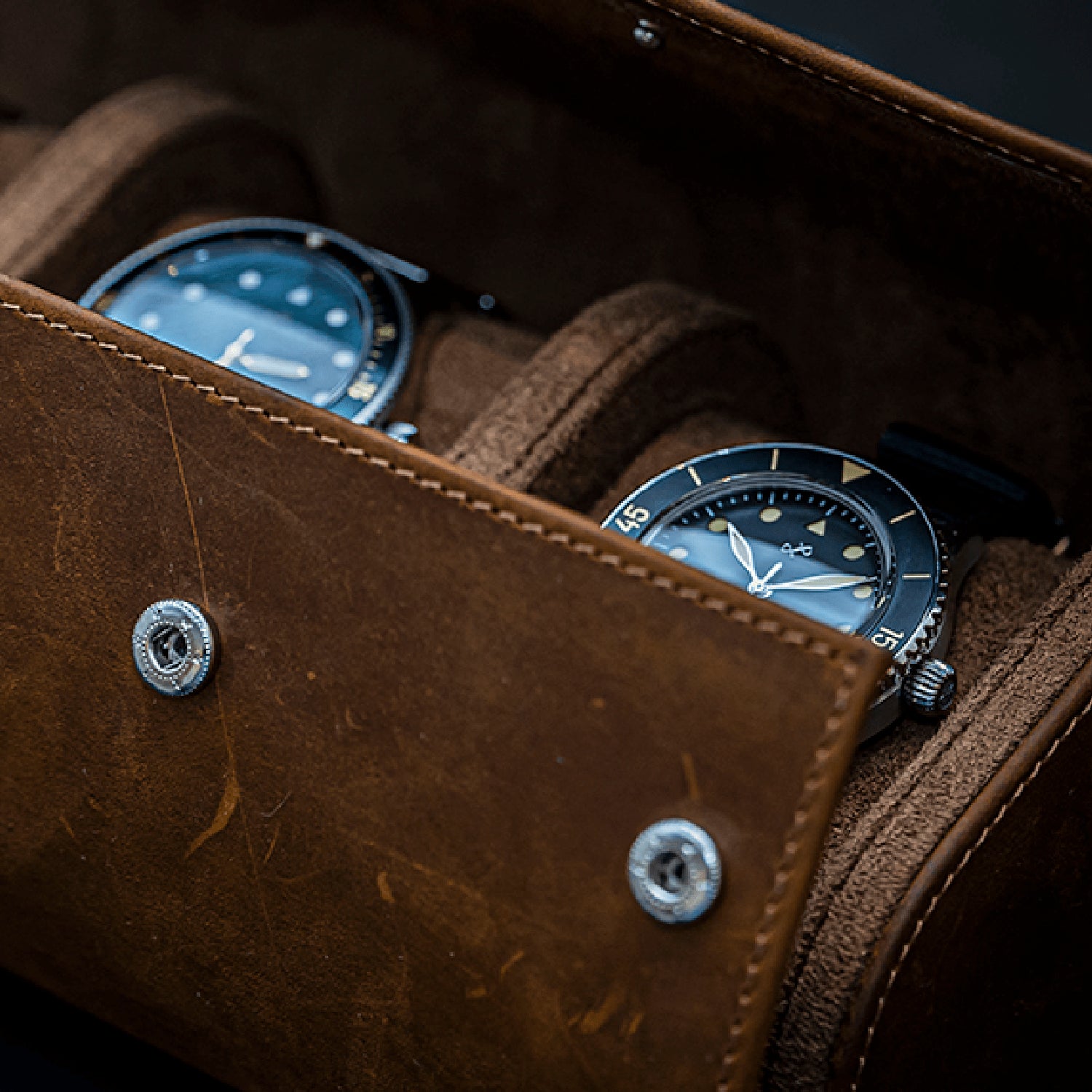 Watch Roll - Brown by AV86 full grain leather travel case designed to secure and protect three luxury timepieces