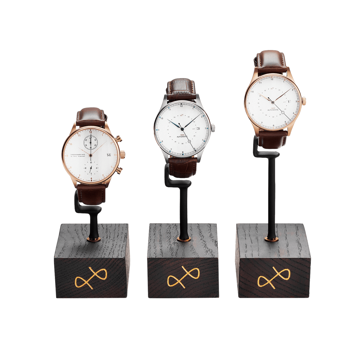 Das C-Clip-Set (3-teilig) von AV86 umfasst Chronographen und Dresswatches im Vintage-Stil mit Lederarmbändern und minimalistischen Zifferblättern