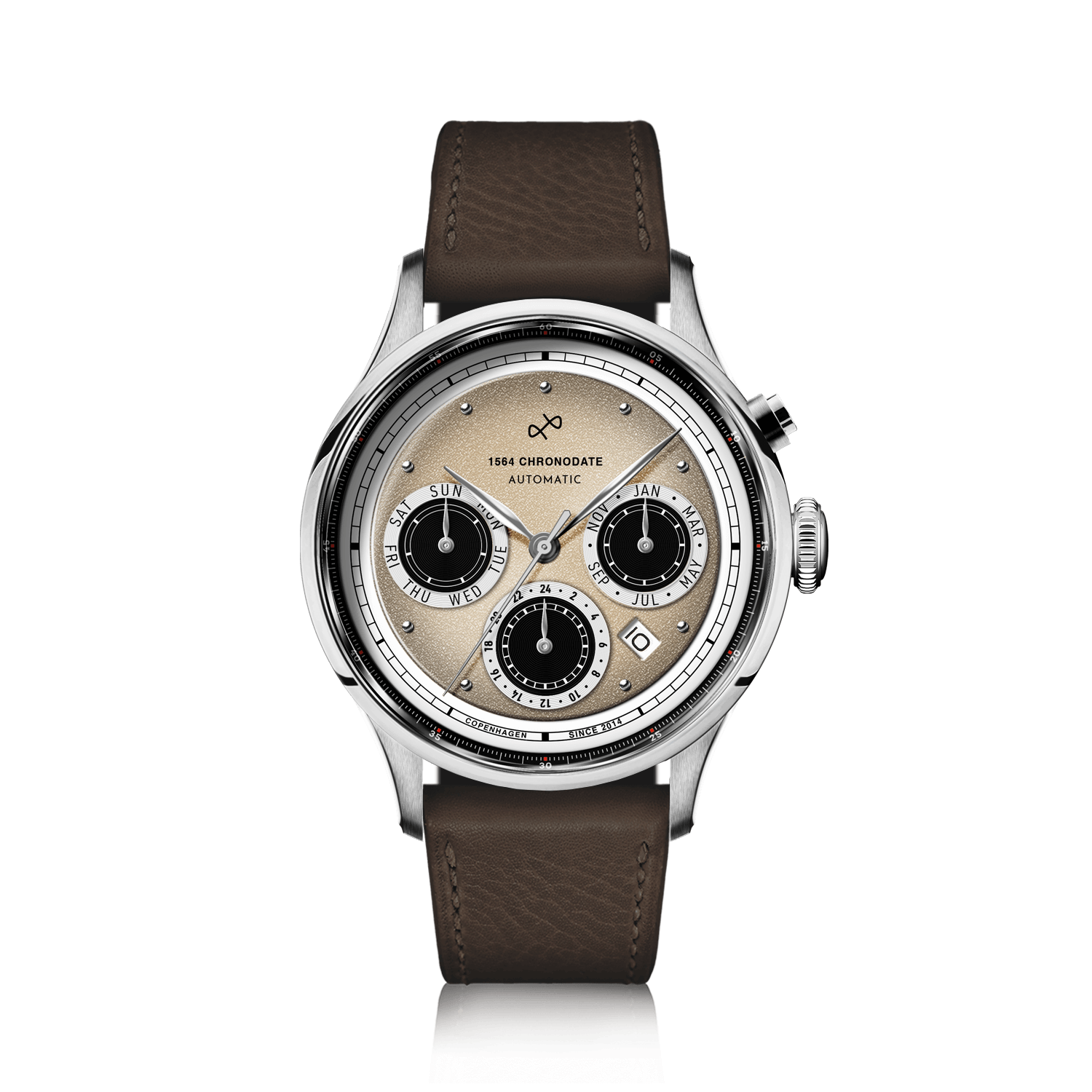 1564 Chronodate Automatic by AV86 elegant vintage-inspired chronograph with sapphire crystal, automatic movement, and leather strap