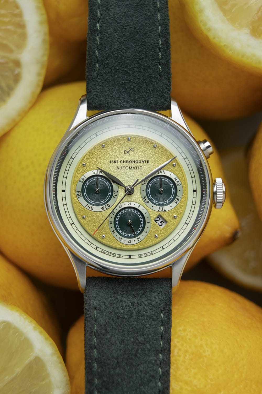 1564 Chronodate Automatic by AV86 vintage-inspired chronograph with textured dial, sapphire crystal, and leather strap amidst lemons