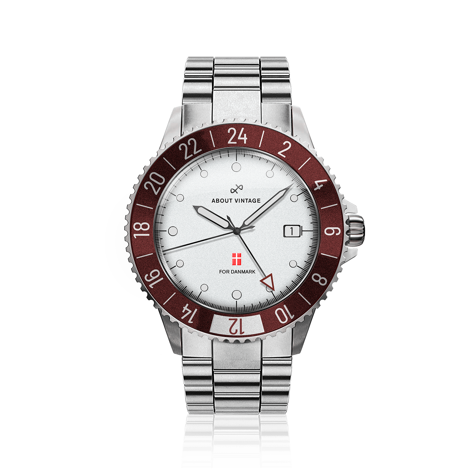 Danmark Det Officielle Landsholdsur, 1889 / DBU – 41mm vintage-inspired GMT with sapphire crystal, 24h bezel, and metal bracelet by AV86