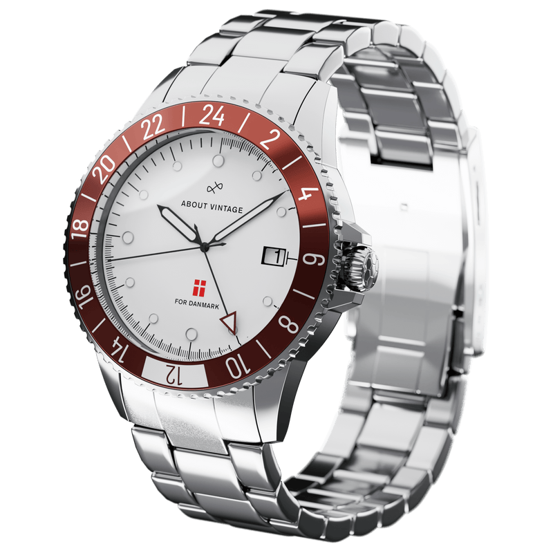 Danmark Det Officielle Landsholdsur, 1889 / DBU – 41-mm-Luxus-GMT-Uhr von AV86 mit Saphirglas, Edelstahlgehäuse und Metallarmband sowie Datumsanzeige