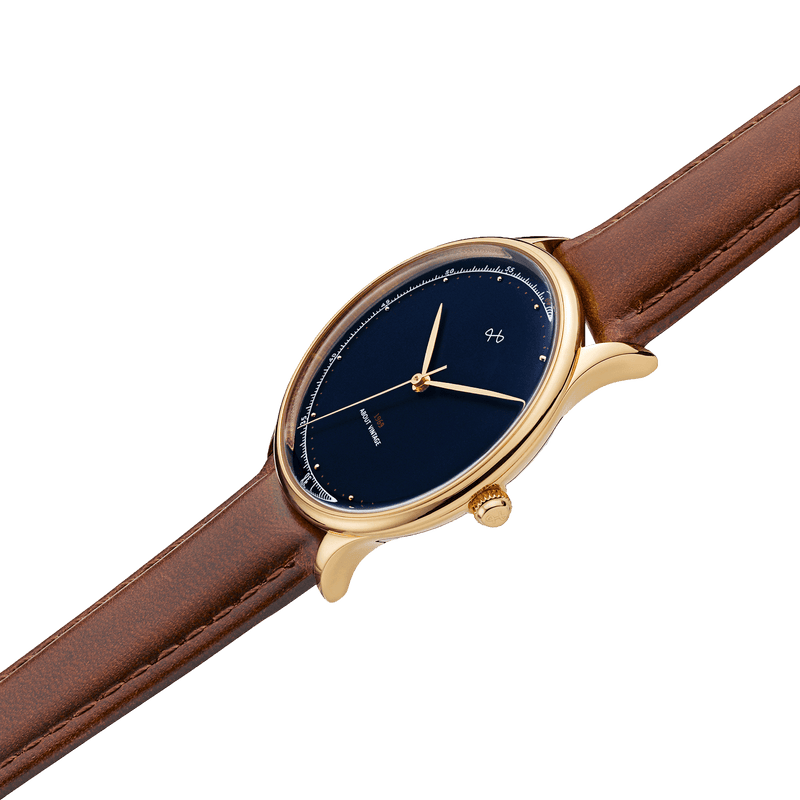 1969 Vintage, guld/midnatsblå – Specialudgave – 39 mm fra AV86 med minimalistisk urskive, Sapphire Crystal og brun læderrem