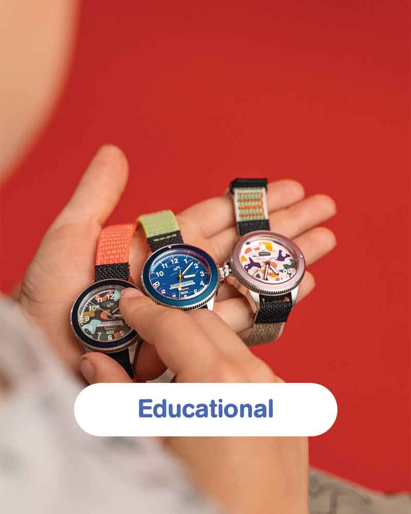 Three AV86 wristwatches with colorful dials and woven straps held in a hand against a vivid red background, above an Educational button