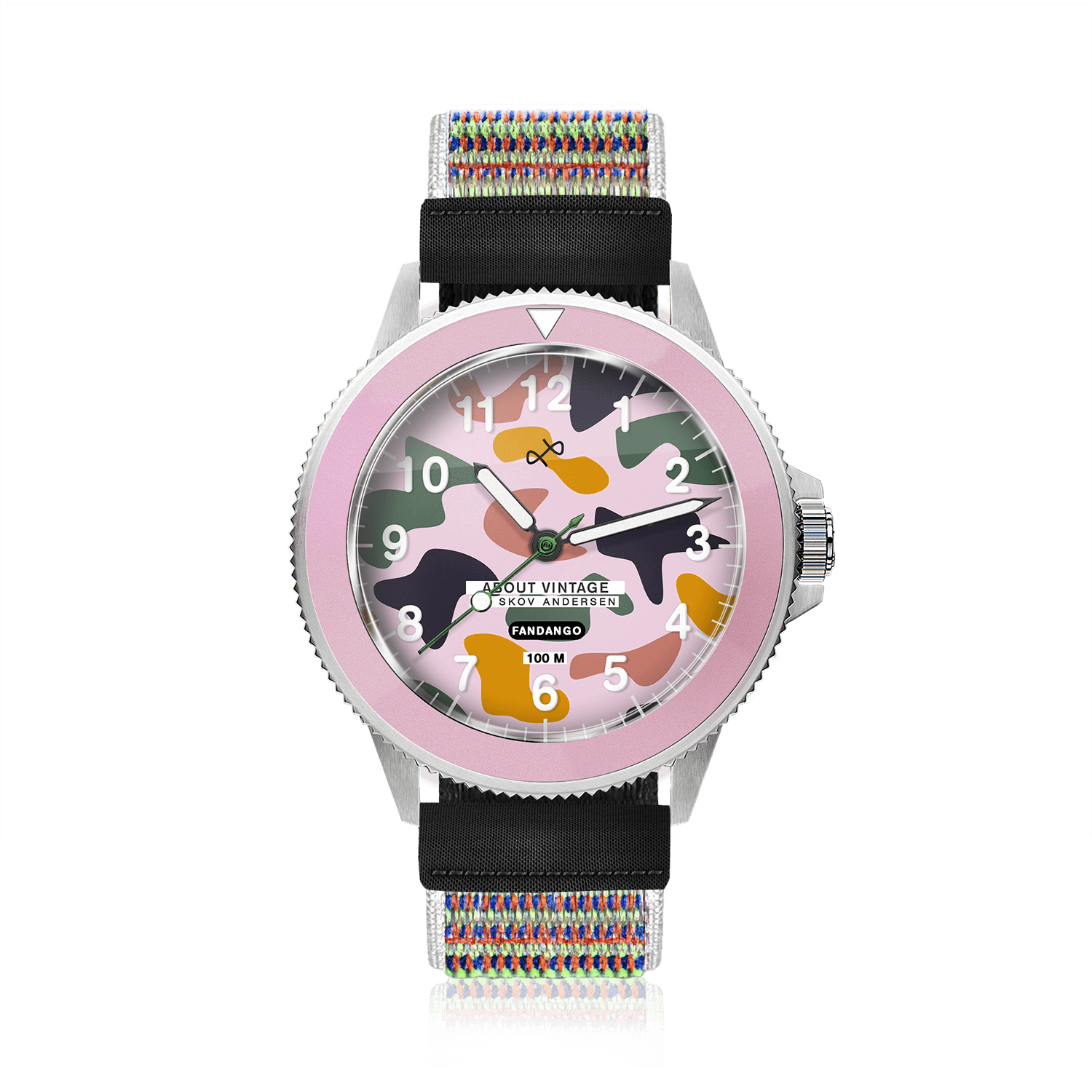 Fandango 'IBI', Pink / Army by AV86 kids watch with luminous big numbers, velcro strap, and colorful patterned fabric band