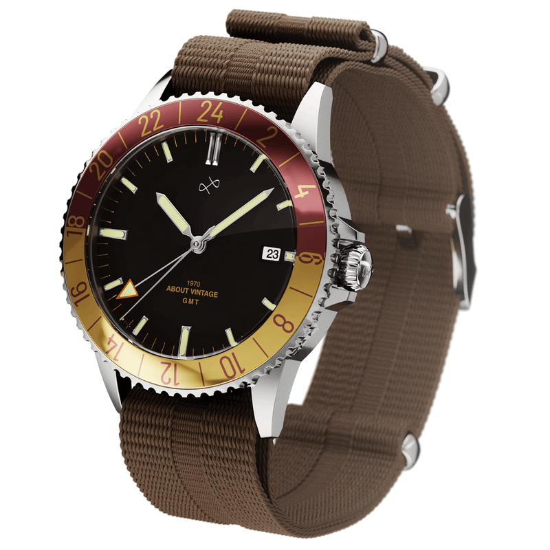 1970 Haagen GMT Automatic, Swiss Made by AV86 with vintage-inspired dial, GMT bezel, sapphire crystal, and brown fabric strap