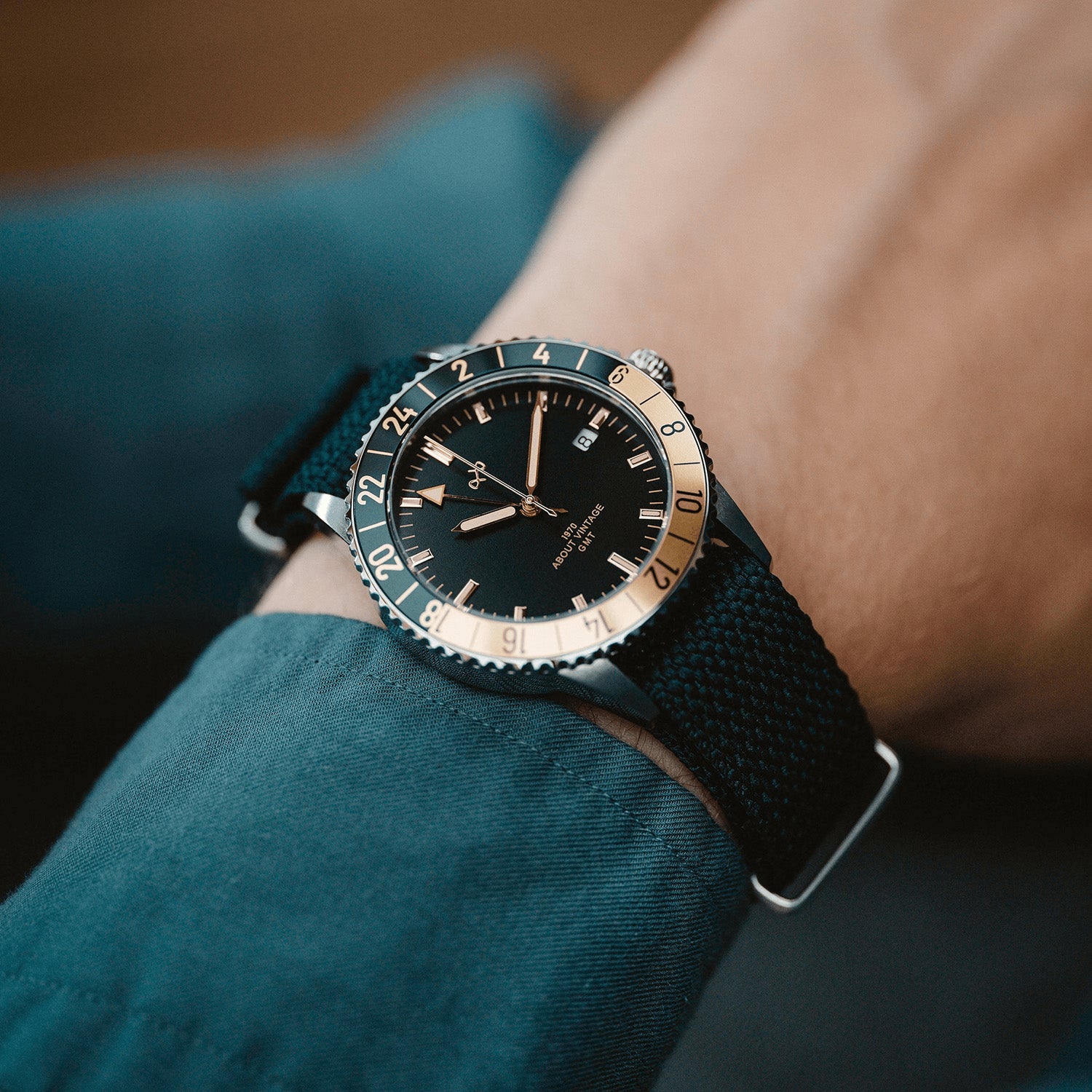 1970 Haagen GMT Automatic, Swiss Made by AV86 vintage-inspired GMT with sapphire crystal, compass bezel, and black fabric strap