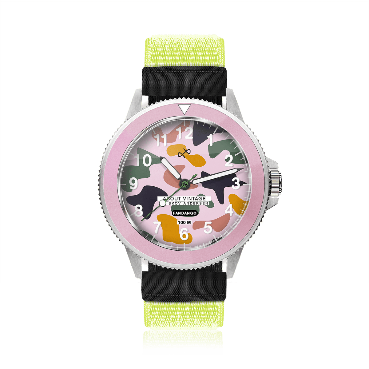 Fandango 'IBI', Pink / Army by AV86 kids watch with luminous big numbers, velcro strap, and camouflage-inspired dial design