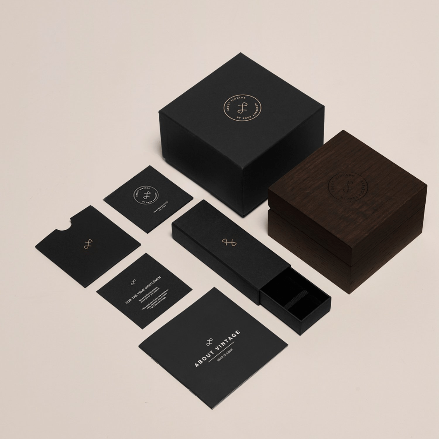 1970 Glacier GMT Automatic by AV86 luxury packaging set including wooden box, outer box, and printed materials in minimalist design