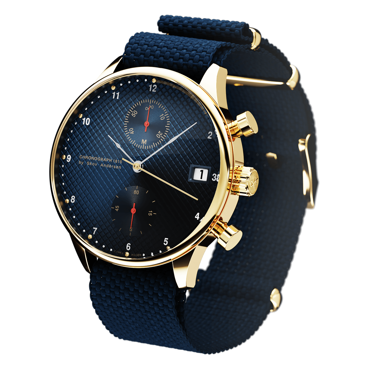 1815 저스틴 개틀린, 골드 / 블루 터틀 by AV86 빈티지 스타일 Chronograph, Sapphire Crystal 및 질감이 살아있는 블루 패브릭 스트랩