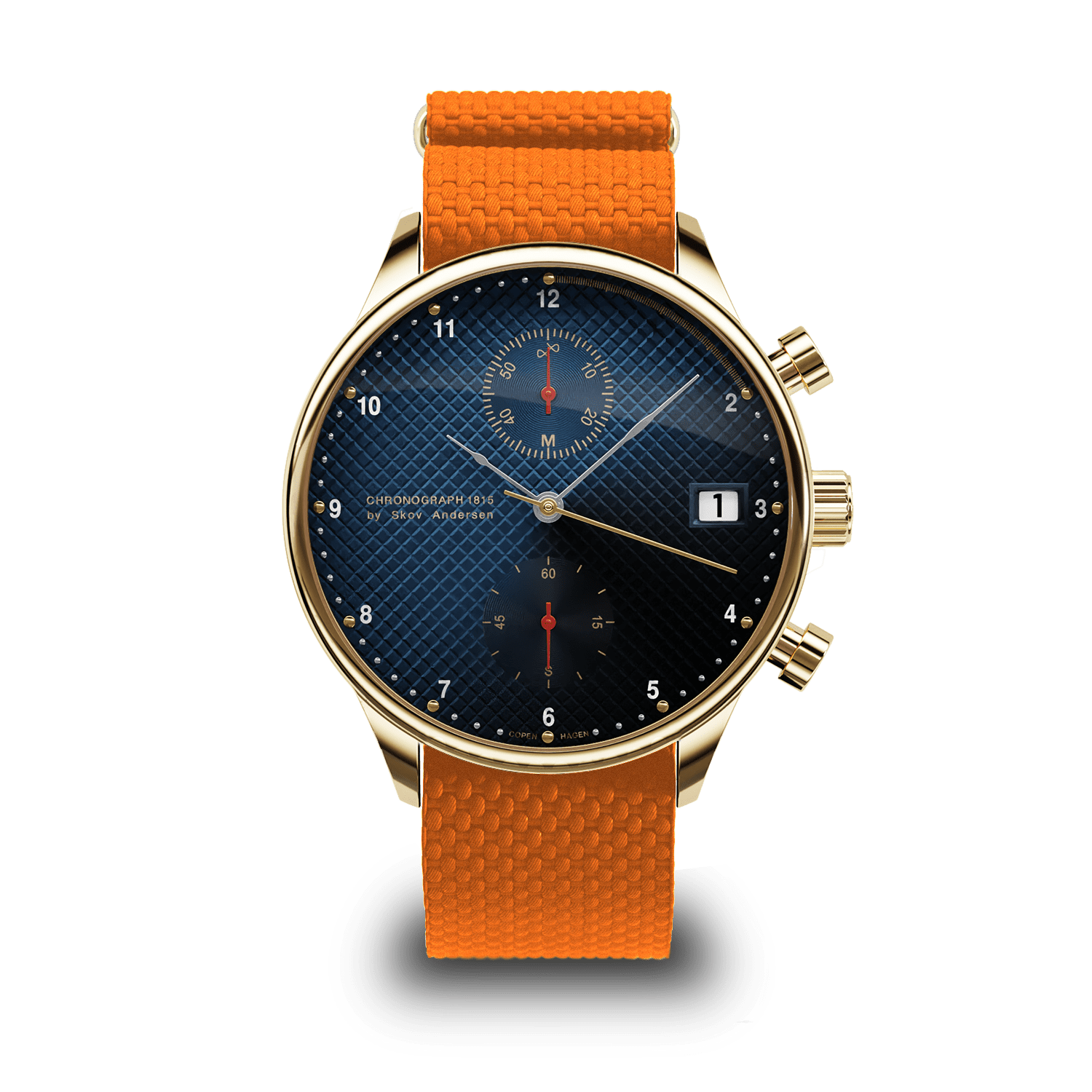 1815 저스틴 개틀린, AV86의 골드/블루 터틀 Chronograph. Sapphire Crystal, 질감이 살아있는 블루 다이얼, 날짜 창, 오렌지색 러버 스트랩