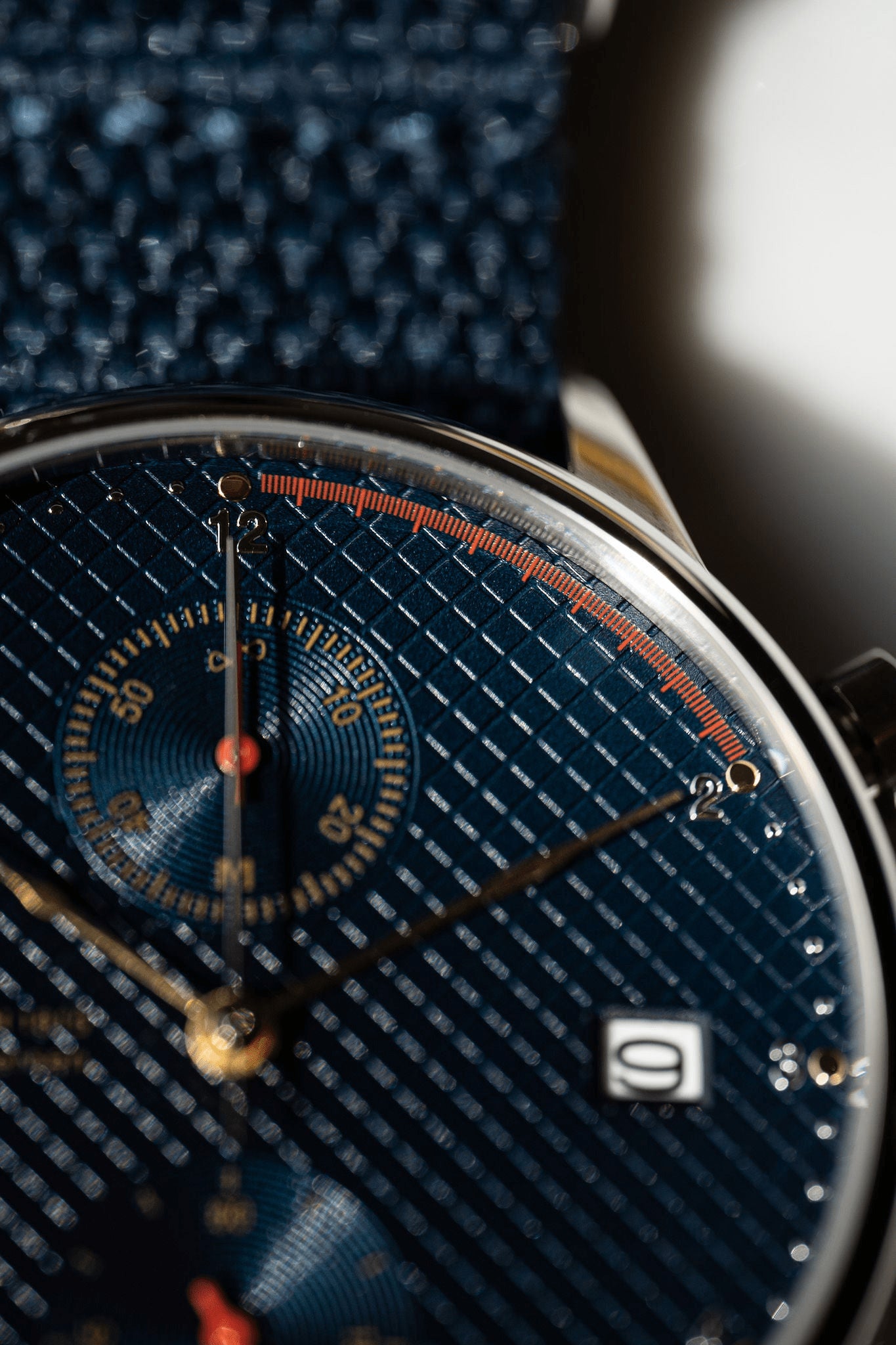1815 Justin Gatlin by AV86 luxury chronograph with textured dial, sapphire crystal, date display, and blue fabric strap
