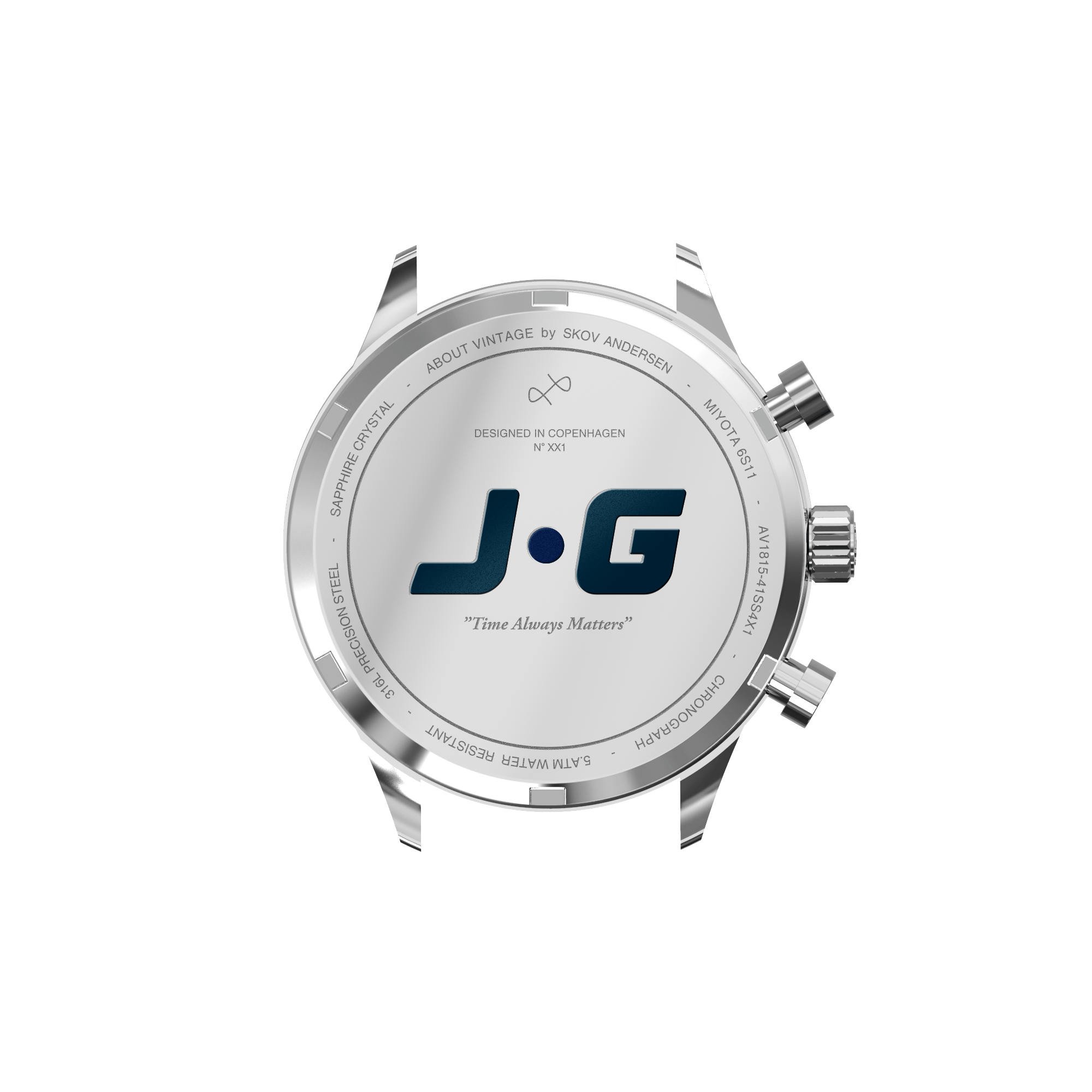 1815 Justin Gatlin by AV86 chronograph watch case back with engraved J.G. logo and Scandinavian design details