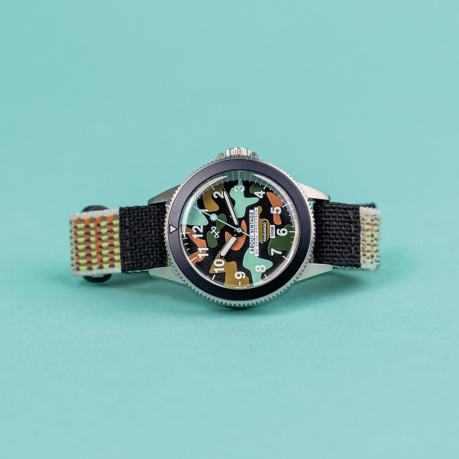 Fandango 'KAI' by AV86 with camouflage dial, sapphire crystal, date window, stainless steel case, and fabric strap