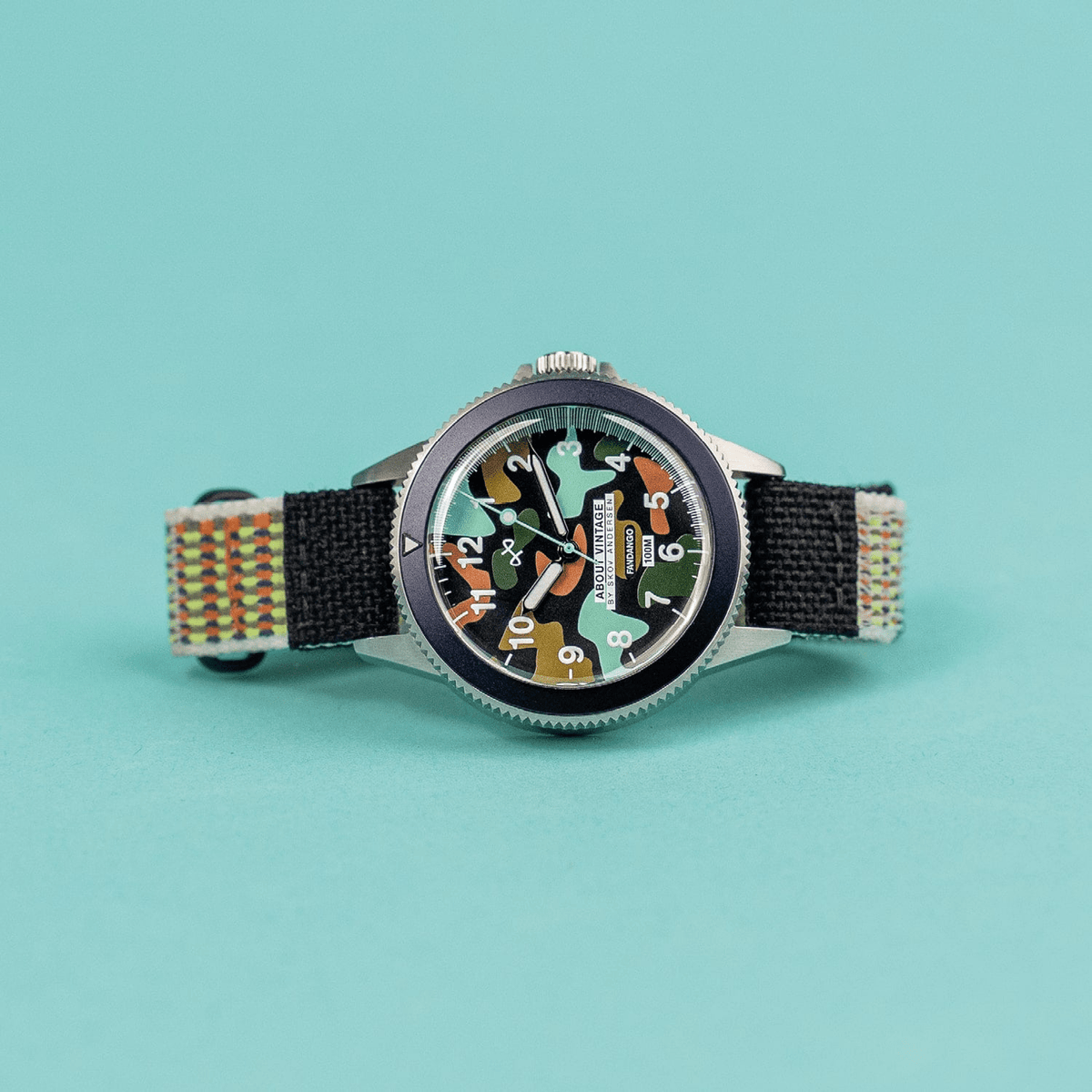 Fandango 'KAI' by AV86 with camouflage dial, sapphire crystal, date window, stainless steel case, and fabric strap