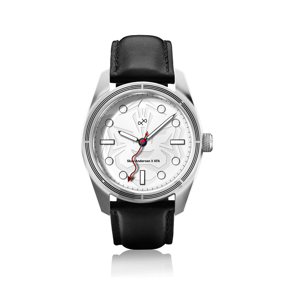 Play-on KFA x Skov Andersen by AV86 luxury dress watch with engraved dial, sapphire crystal, and black leather strap, Scandinavian design