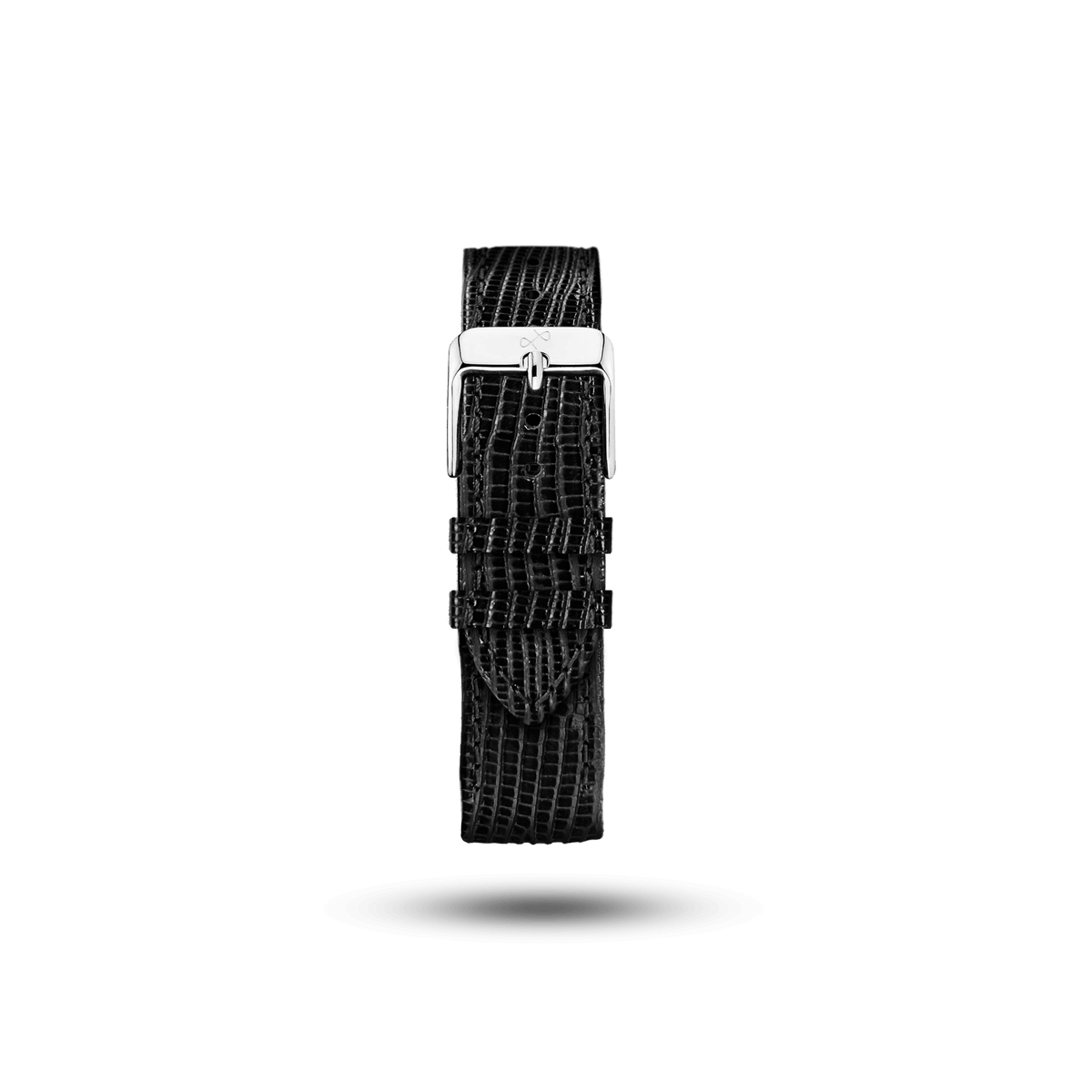 Patterned Leather (Classic) - Black strap by AV86 featuring a textured lizard grain design with a polished stainless steel buckle, embodying Nordic minimalism and luxury craftsmanship.
