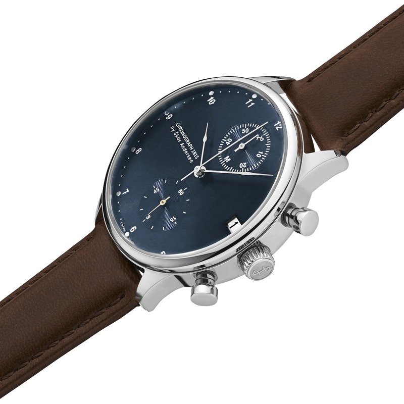 1815 Chronograph by AV86 luxury timepiece with vintage-inspired dial, sapphire crystal, and brown leather strap
