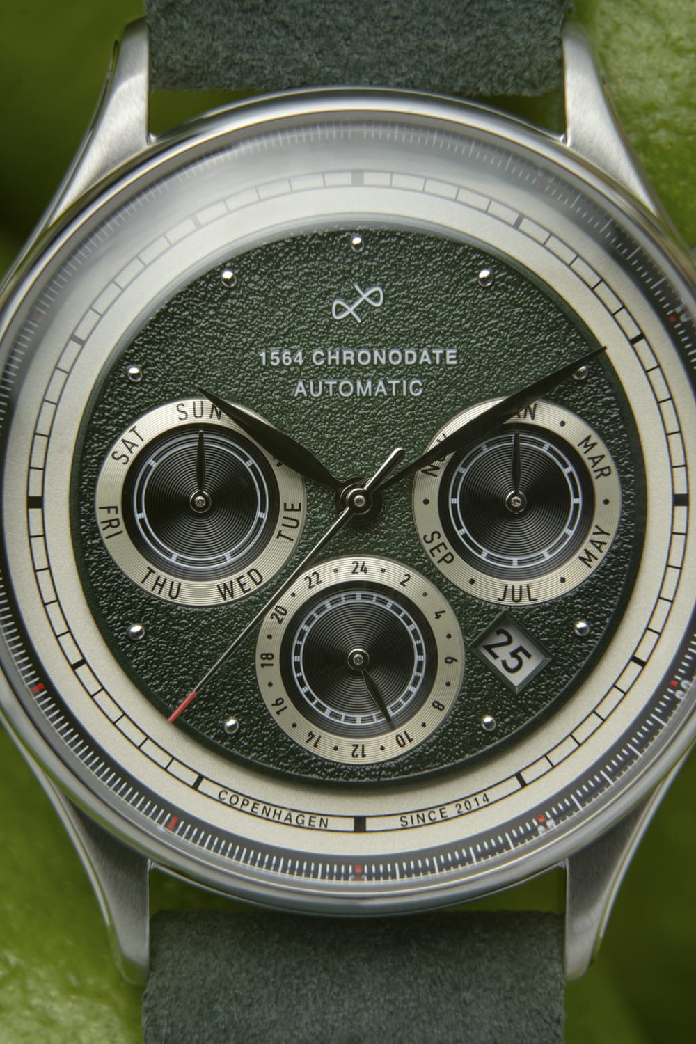 1564 Chronodate Automatic by AV86 with vintage-inspired green textured dial, sapphire crystal, day, month, 24h subdials, leather strap
