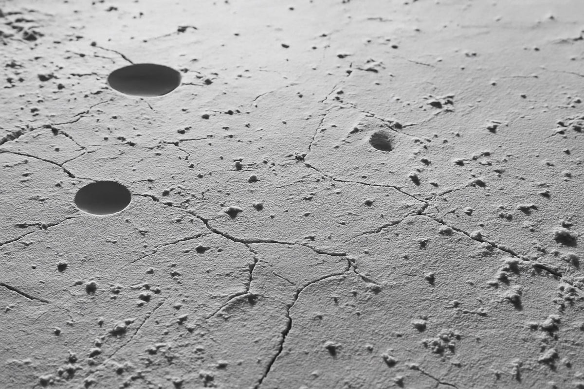 Close-up of a textured cracked surface with small holes and rough uneven details creating an abstract natural pattern
