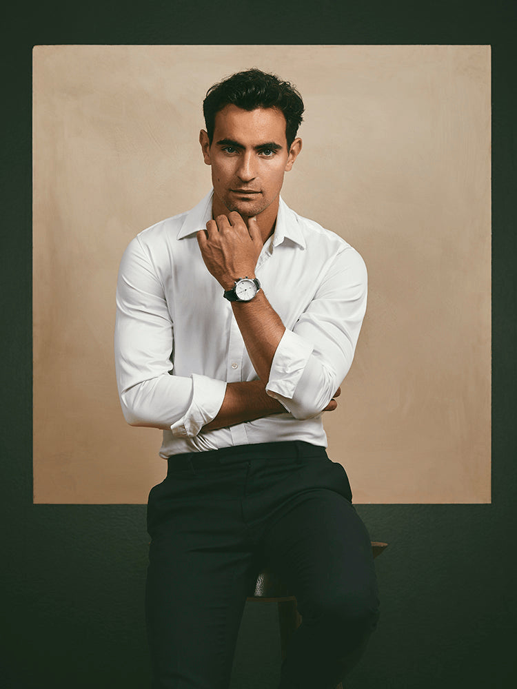 1815 Chronograph by AV86 worn by model in white dress shirt and dark trousers, showcasing elegant Scandinavian minimalism style