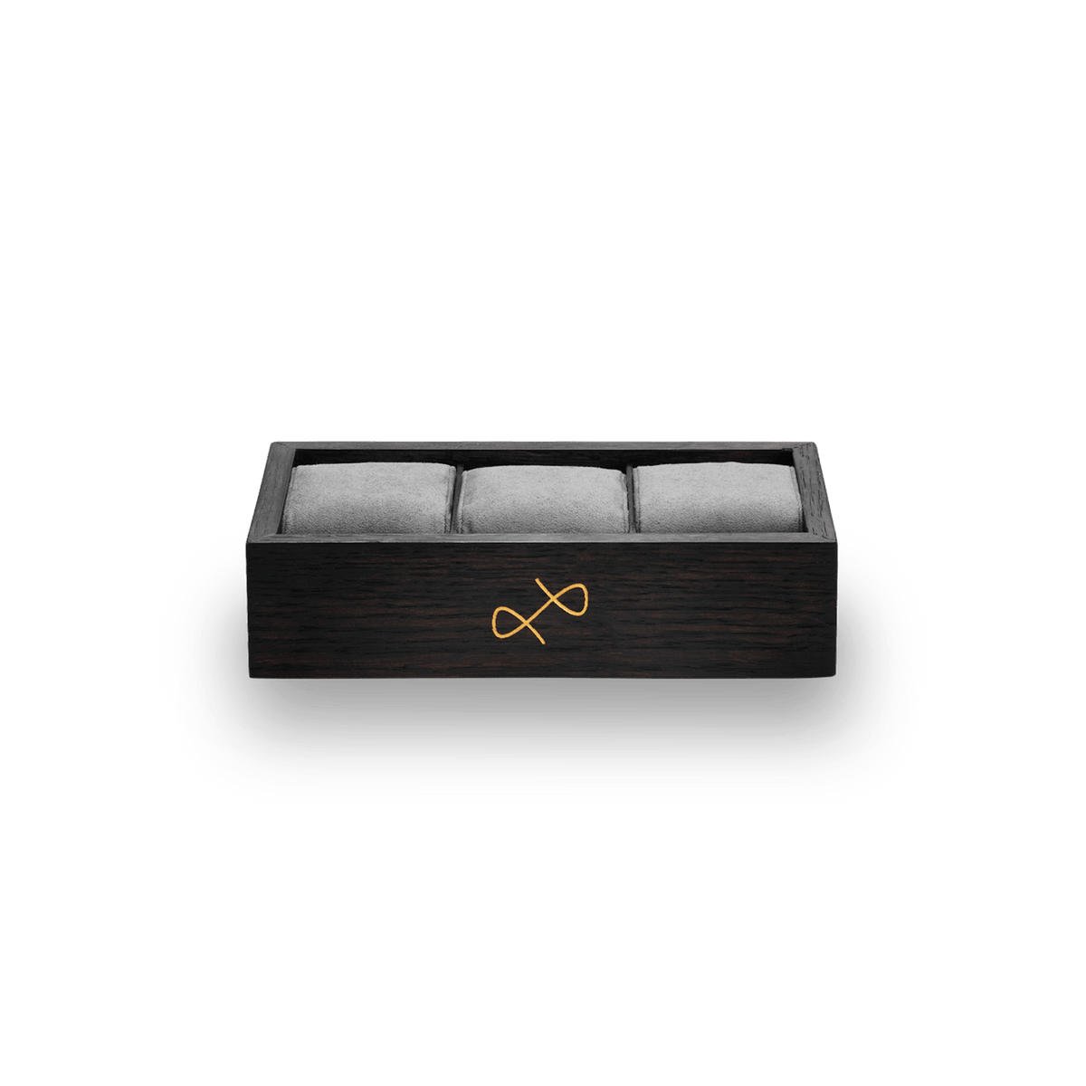 Collectors box - 3 pcs by AV86 in dark smoked oak with brass logo bow and six grey suede pillows for watch display and storage