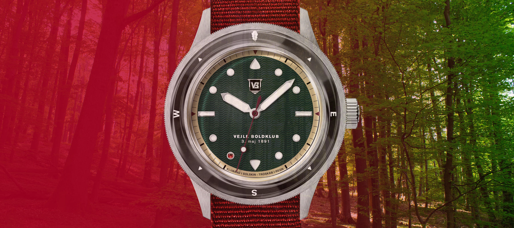 VEJLE BOLIGKLUB vintage-inspired diver by AV86 with compass bezel, sapphire crystal, textured dial, and fabric strap