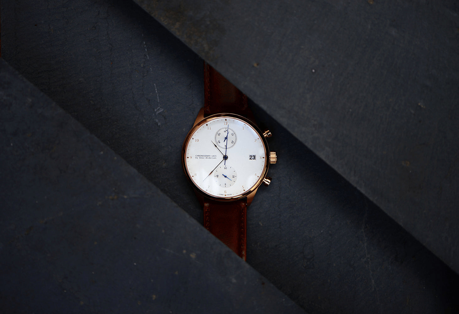 1815 Chronograph by AV86 with classic white dial, rose gold case, sapphire crystal, and brown leather strap luxury timepiece