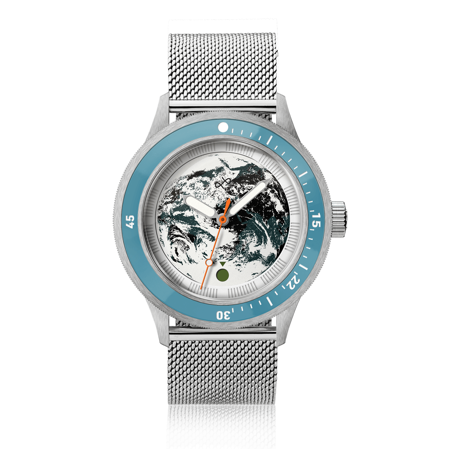 Earthrise WWF Partnership, Automatic / 2026 Edition by AV86 featuring a stainless steel mesh band and Earth-themed dial design.