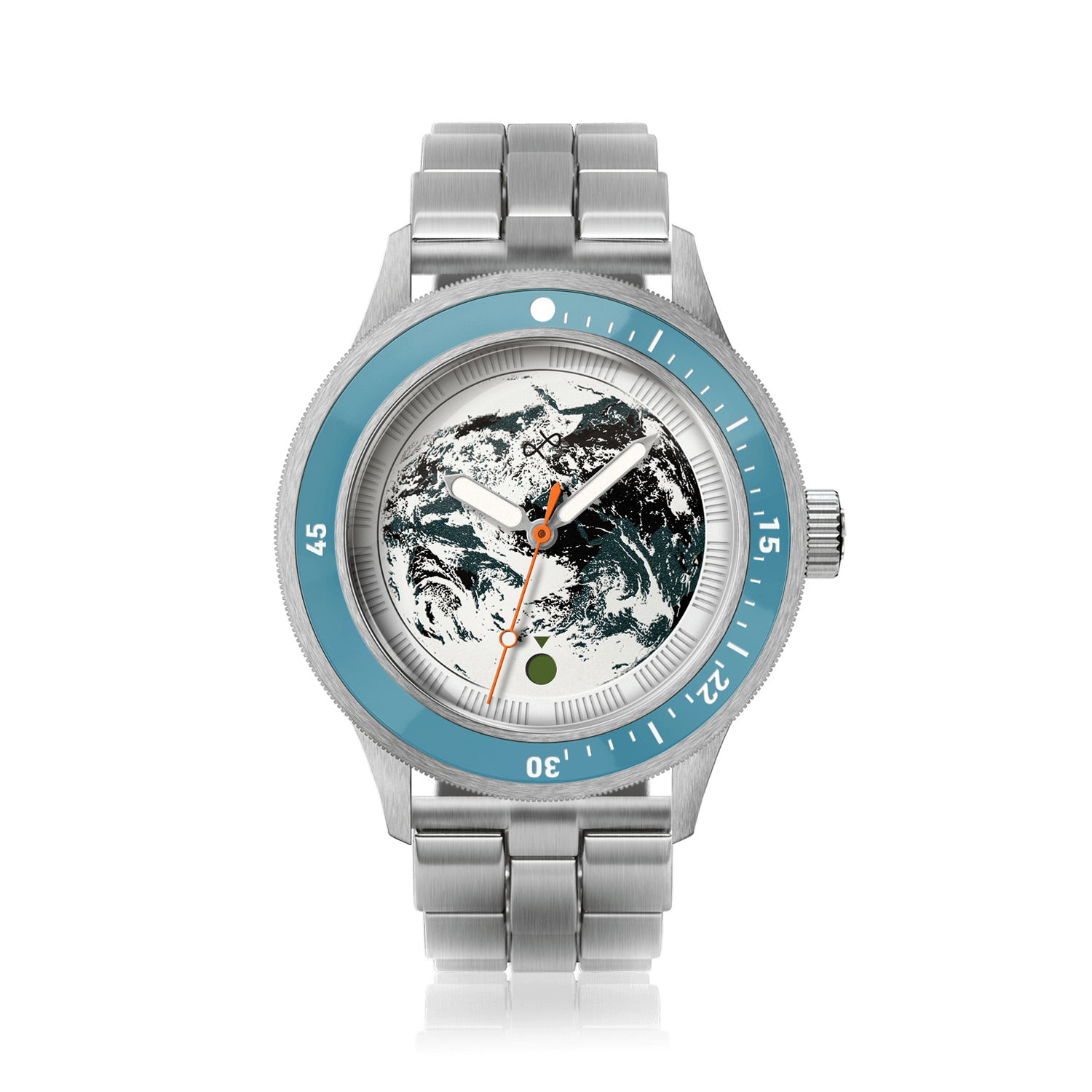 Earthrise WWF Partnership, Automatic / 2026 Edition by AV86 with marine blue bezel, Earth motif dial, and stainless steel bracelet.