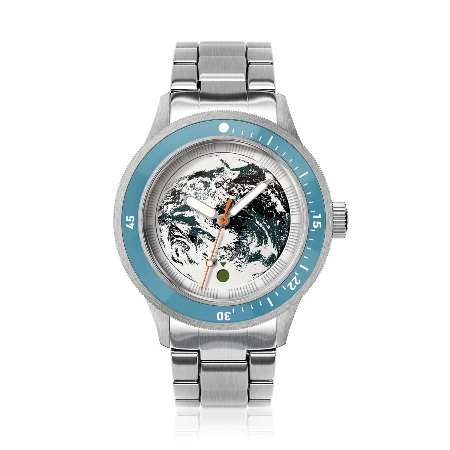 Earthrise WWF Partnership, Automatic / 2026 Edition by AV86 with polished stainless steel link bracelet and light blue bezel ring.