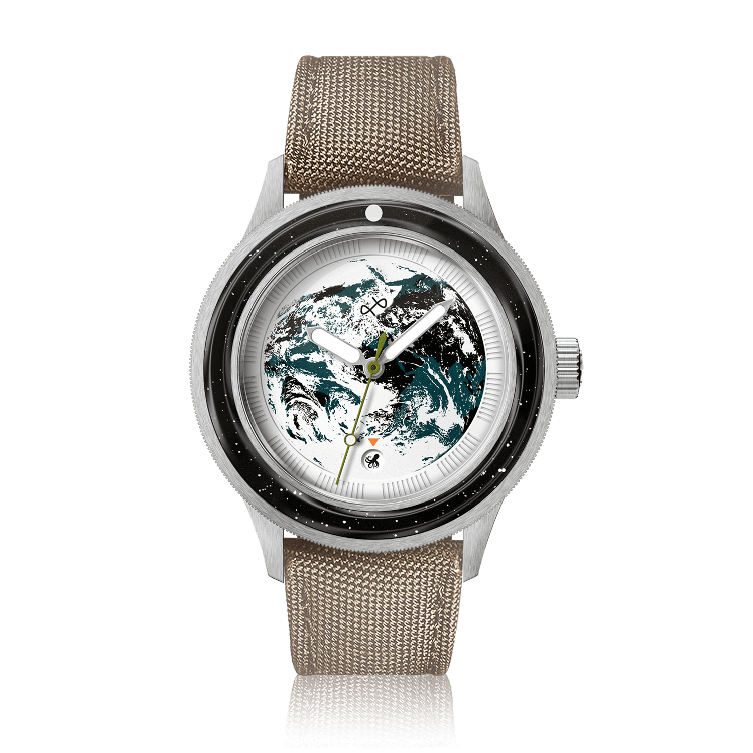Earthrise WWF Partnership, Automatic / 2025 Edition by AV86 automatic watch with sapphire crystal, compass bezel, and fabric strap