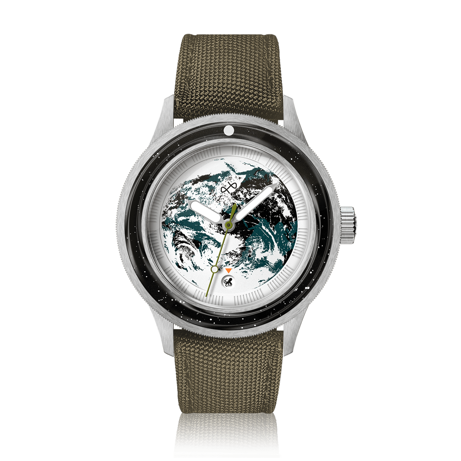Earthrise WWF Partnership, Automatic / 2025 Edition by AV86 automatic watch with sapphire crystal, compass bezel, and textured fabric strap