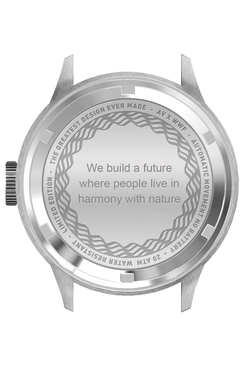 Back of a stainless steel watch case engraved with a nature harmony message and details about limited edition and water resistance.