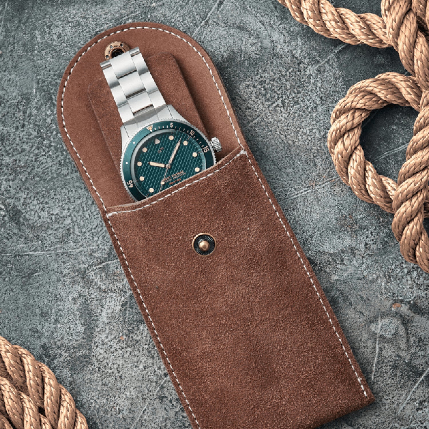 Watch Pouch - Brown by AV86 suede leather with stitched detailing, designed to protect luxury timepieces during travel or daily use