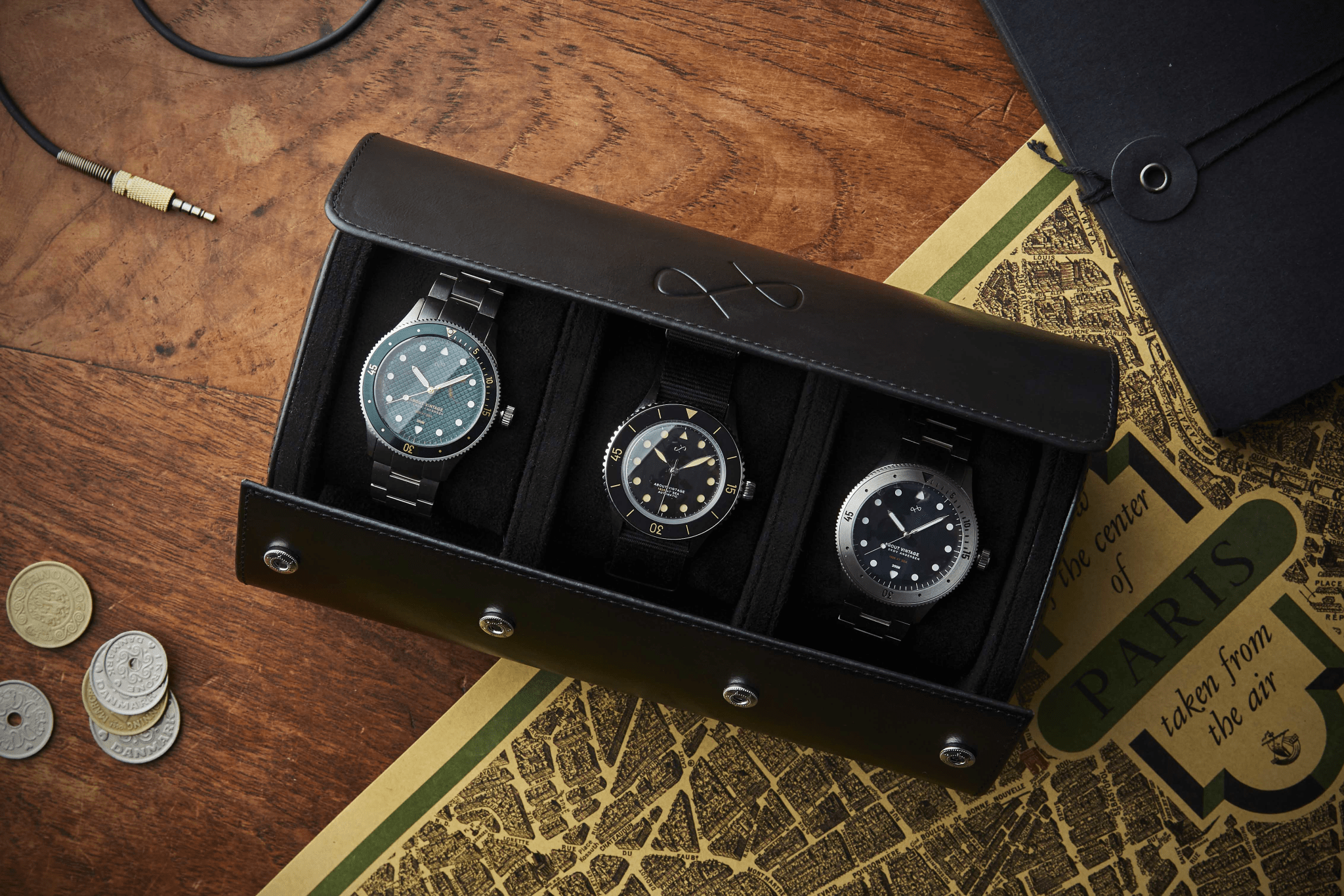 Watch Roll - Black by AV86 crafted in premium leather with compartments for three luxury timepieces, showcasing Nordic minimalism.