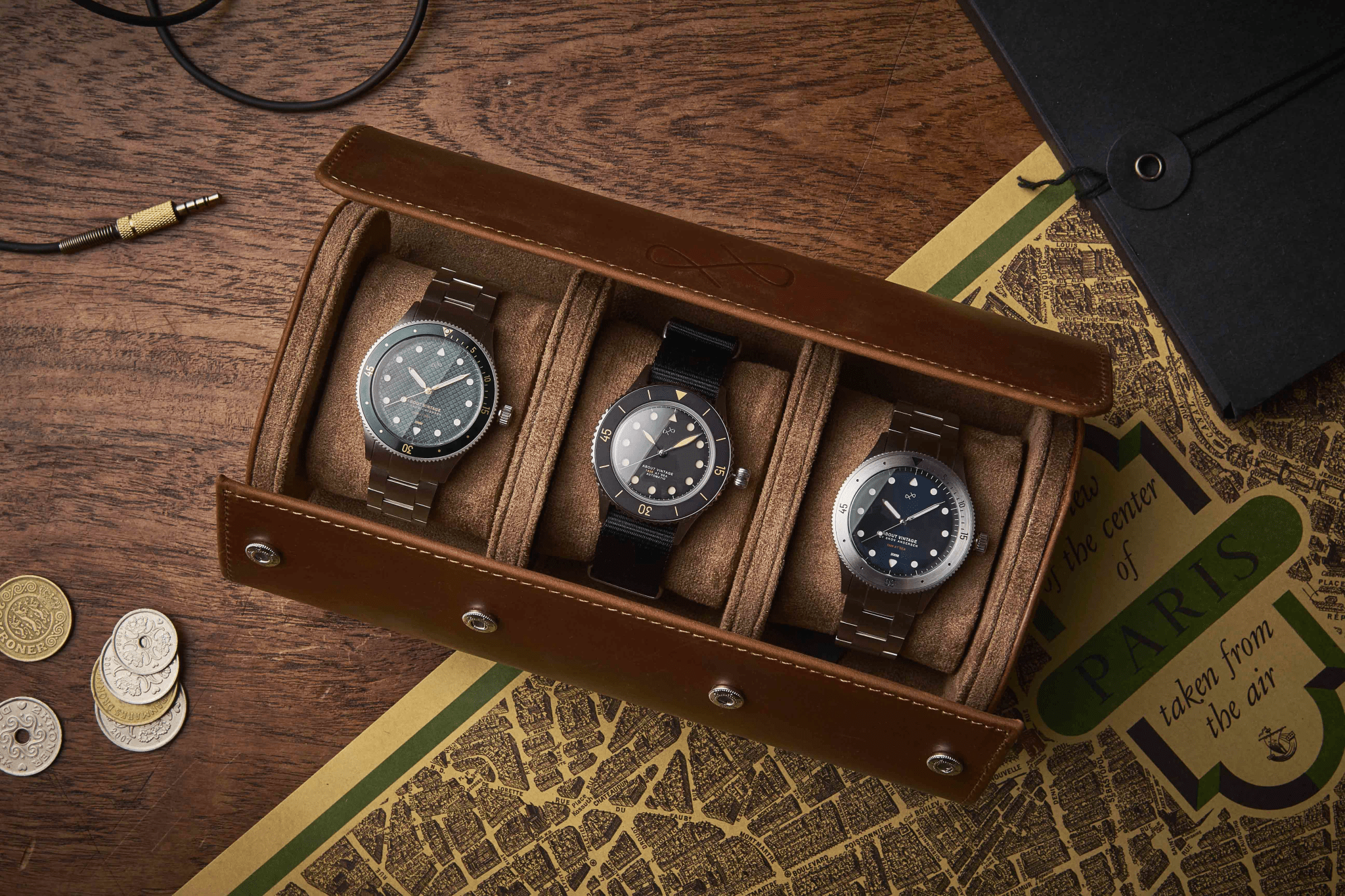 Watch Roll - Brown by AV86 premium full grain leather storage for three luxury timepieces with vintage-inspired diver watches