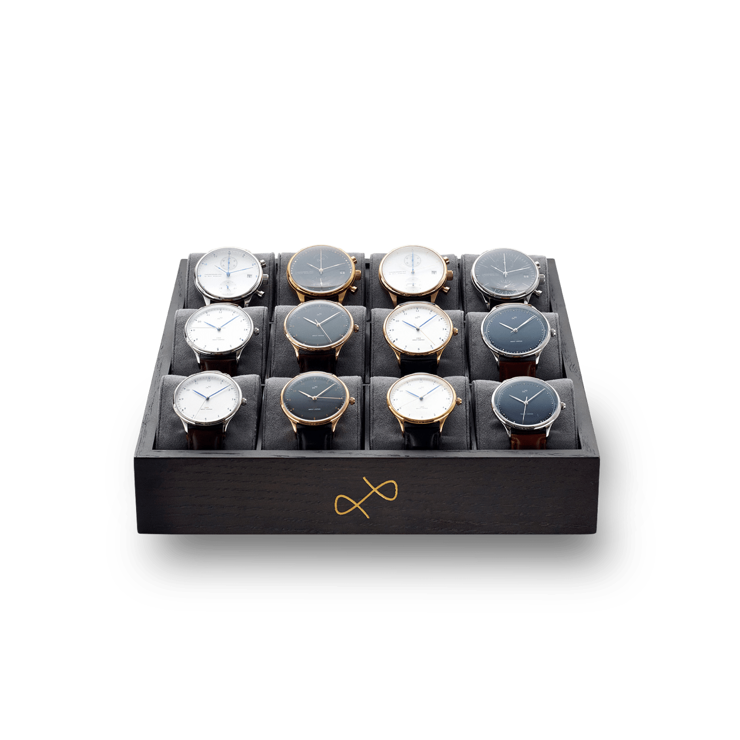 Collectors box - 12 pcs by AV86 in dark smoked oak with brass logo and 12 grey suede pillows for watch display