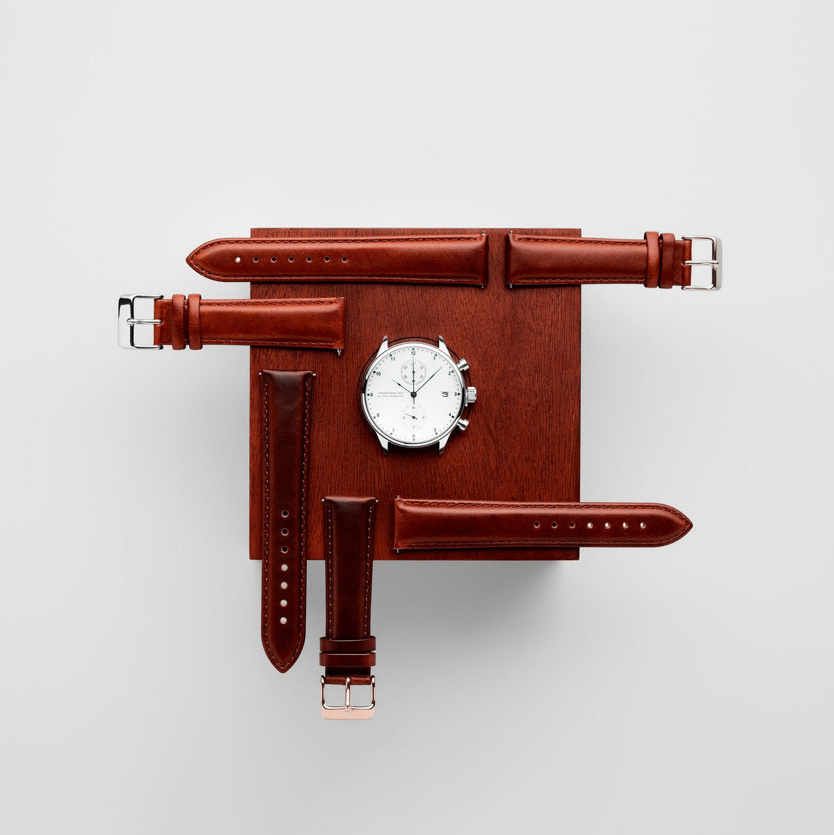 1815 Chronograph by AV86 with sapphire crystal, vintage-inspired dial, chronograph subdials, and interchangeable brown leather straps