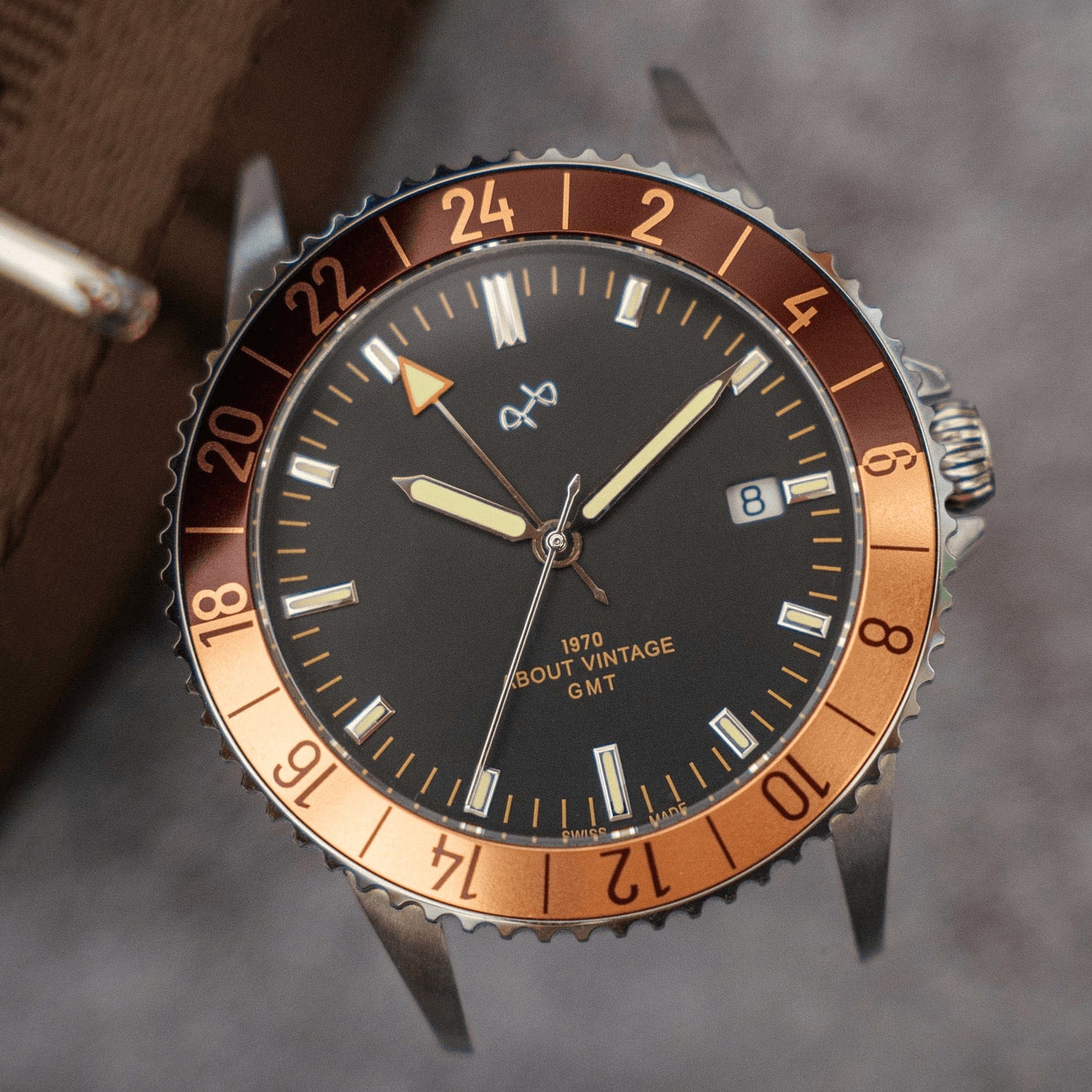 1970 Haagen GMT Automatic, Swiss Made by AV86 luxury GMT watch with vintage-inspired dial, sapphire crystal, and burgundy-gold bezel