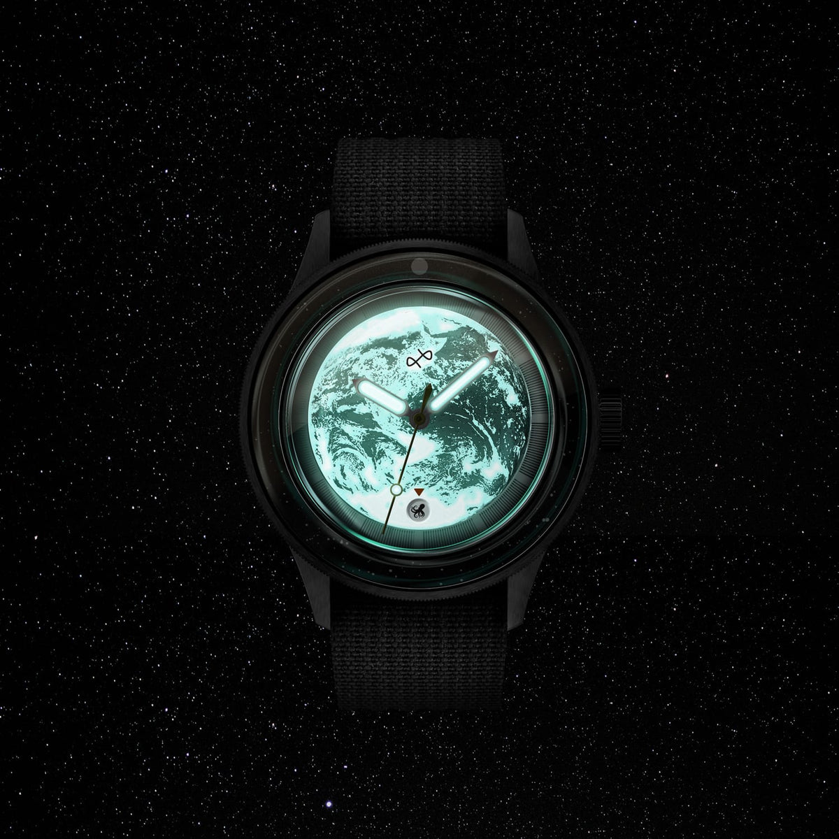 Earthrise WWF Partnership, Automatic / 2025 Edition by AV86 automatic watch with luminous Earth dial, sapphire crystal, and fabric strap