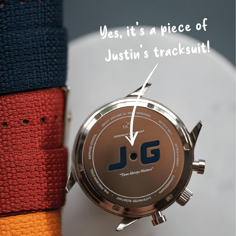 Chronographe AV86 « 1815 Justin Gatlin » avec fond gravé représentant un détail du survêtement JT et plusieurs options de bracelets en tissu