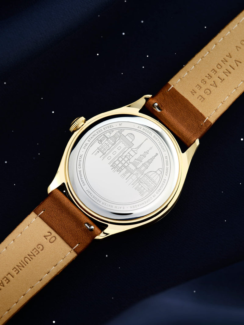1968 Sixtyeight by AV86 vintage-inspired dress watch with sapphire crystal, polished case, and brown leather strap reverse detailing