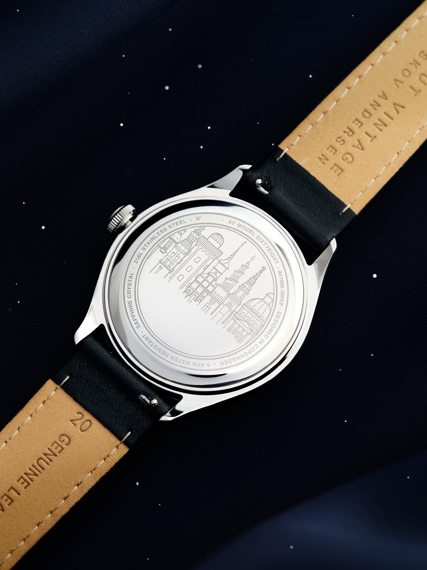 1968 Sixtyeight by AV86 with engraved case back, sapphire crystal, stainless steel case, and black leather strap