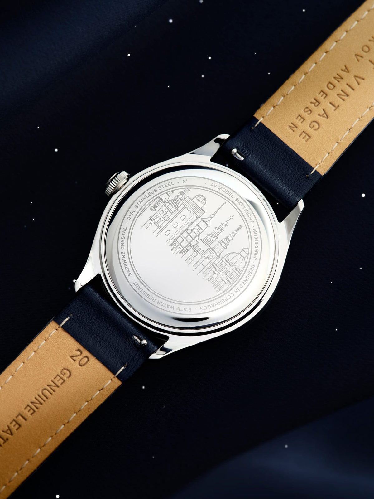 1968 Sixtyeight by AV86 with polished stainless steel case back featuring an engraved Copenhagen cityscape and leather strap