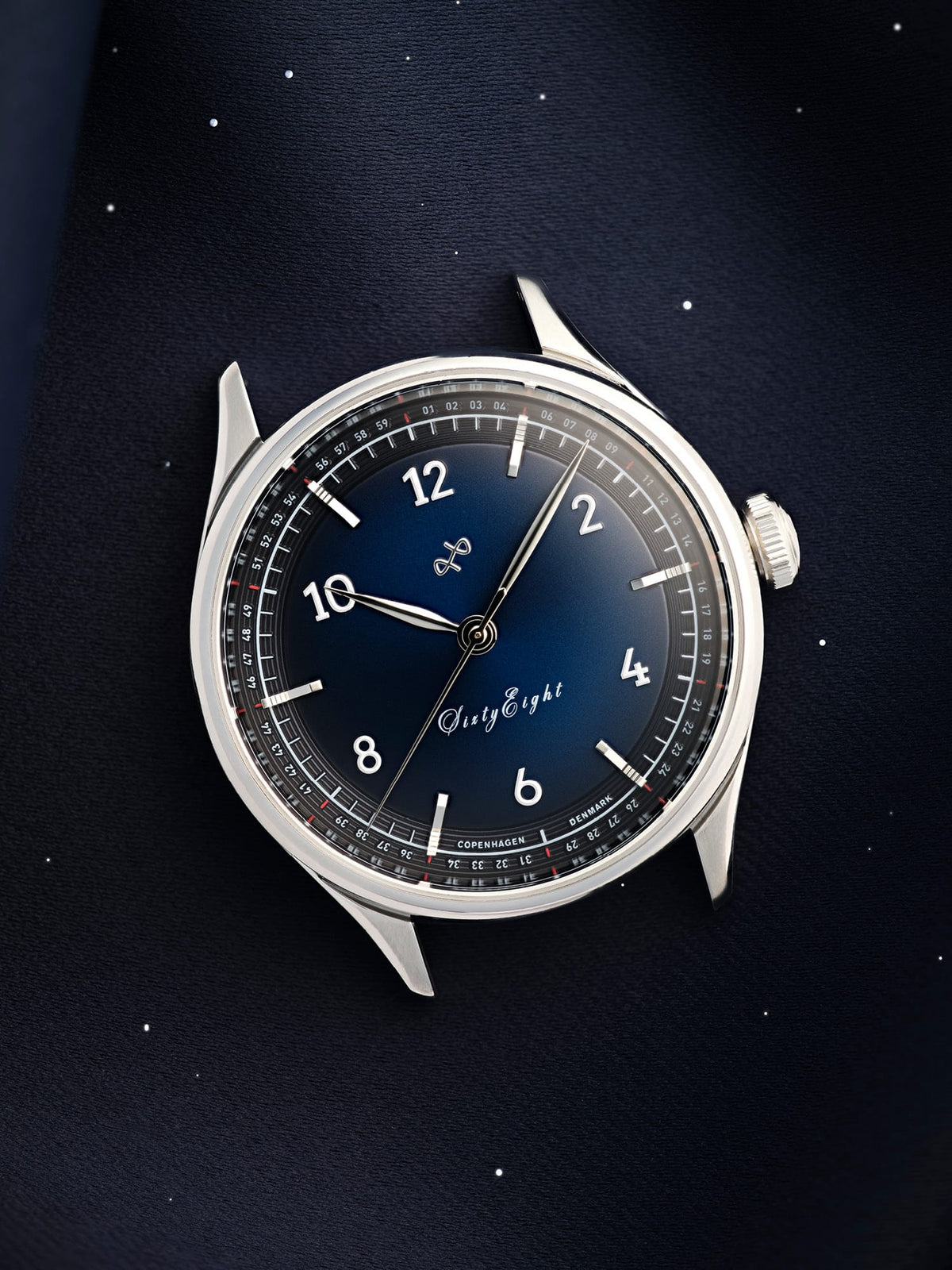 1968 Sixtyeight by AV86 vintage-inspired dress watch with blue sunray dial, stainless steel case, sapphire crystal, and leather strap
