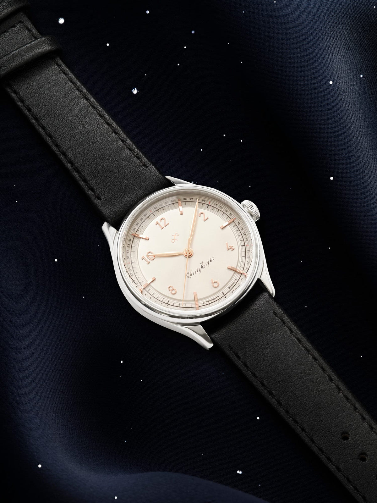 1968 Sixtyeight by AV86 vintage-inspired dress watch with sapphire crystal, minimal dial, and black leather strap