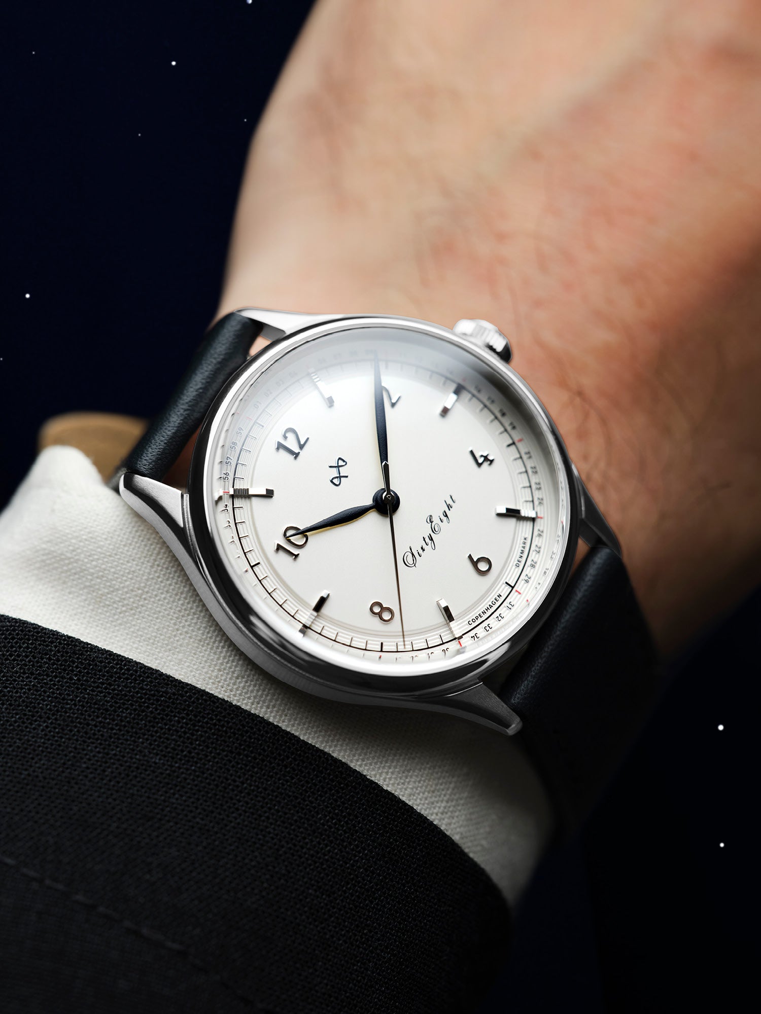 1968 Sixtyeight by AV86 vintage-inspired dress watch with sapphire crystal, minimalist dial, and black leather strap